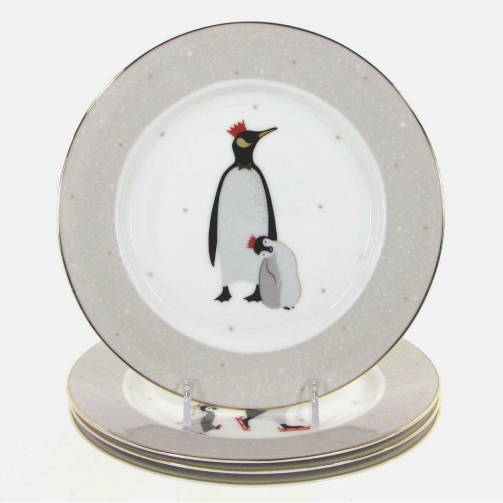 Portmeirion London NWT Sarah Miller 4  Christmas Penguins Plates & 1 Cake Plate - Picture 10 of 11